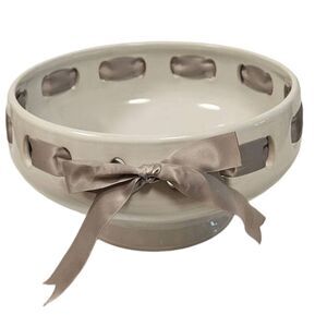 CeramicLarge White Bowl with Gray Satin Ribbon